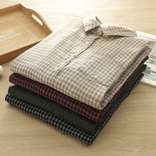 文艺范经典小格子双层纱长袖衬衫女 春装 休闲翻领上衣批发