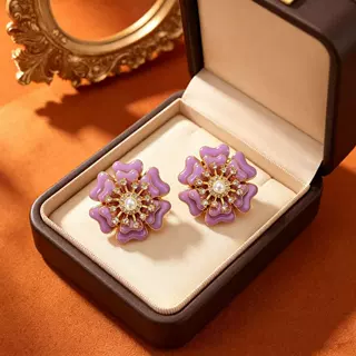 中古vintage多层花瓣滴油耳钉女紫绿双色珐琅珍珠花朵耳饰