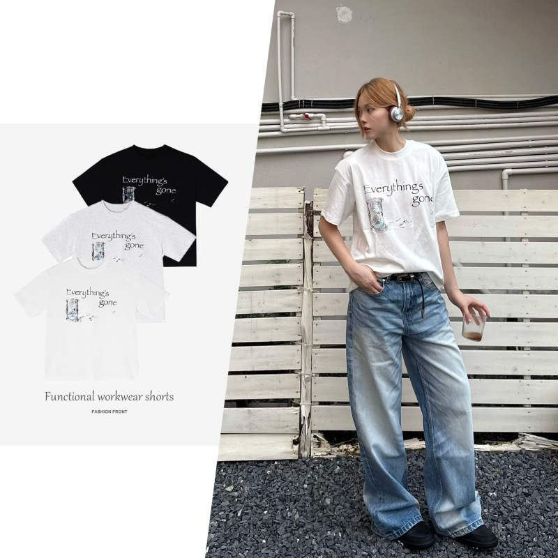 【Jmwh】Everything's Gone」Slogan Time-Lapse Hourglass Print Sorona Short-Sleeved T-Shirt