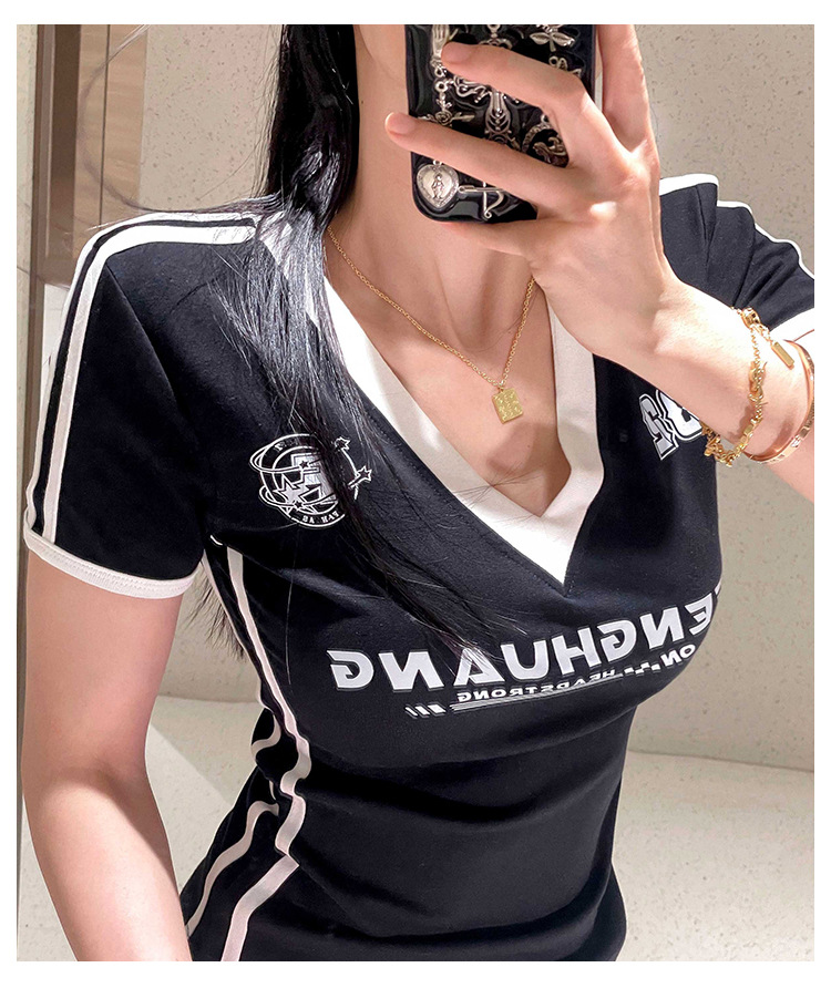 Women's Clothing Deep V Neck Short Sleeve T-Shirt Slim Fit Fashionable Casual Women's Top For Formal & Casual For Women_ecoleips.com