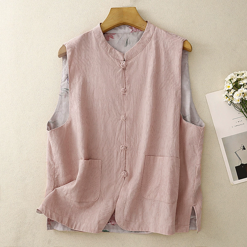 Реальный снимок летнего женского жилета 2025 года, новый, из хлопка и льна, с принтом, в стиле ретро, тонкий, двусторонний.