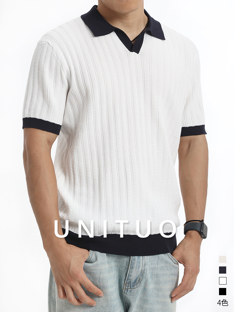 El antiguo viento de hielo de seda polo camisa de punto hombre color contrastante V-collar de negocios de verano casual camiseta de manga corta camiseta superior