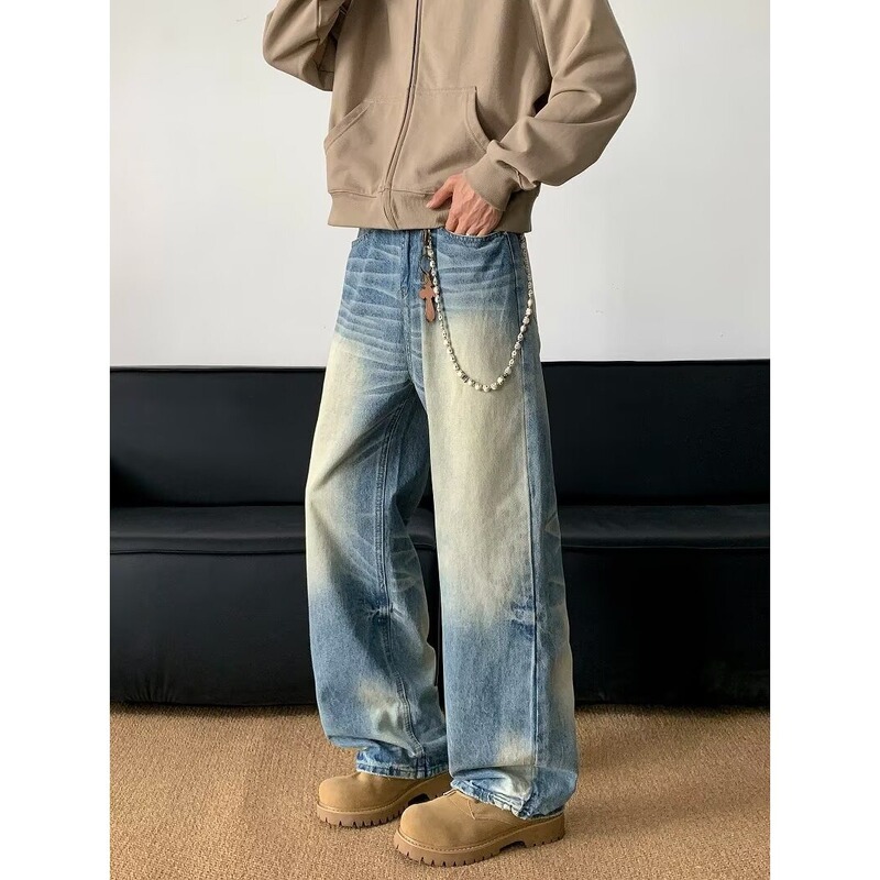Washed Gradient Whisker Effect Men's Jeans, Stylish and Trendy Cleanfit Casual Straight-Leg Flared Pants, Slimming Effect Washed Gradient Whisker Effect Men's Jeans, Stylish and Trendy Cleanfit Casual Straight-Leg Flared Pants, Slimming Effect