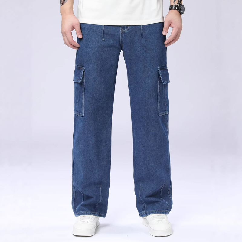 Dark Blue Non-Stretch Workwear Washed Denim Trousers, Casual and Stylish, Multi-Pocket Design, Loose Fit, Wide-Leg Pants