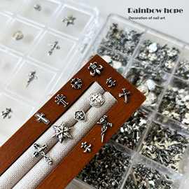 ins风暗黑金属克罗心十字架美甲饰品合金贴片立体手工穿戴甲材料