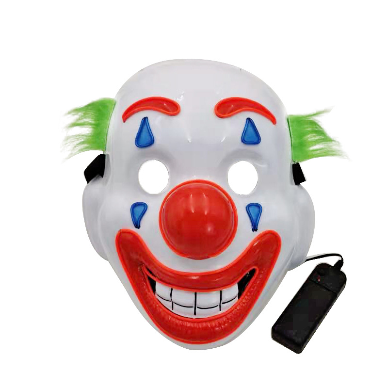 Máscara de payaso Joack con luz LED, estilo de fábrica, accesorios luminosos intermitentes para Halloween, payaso luminoso para juegos de rol