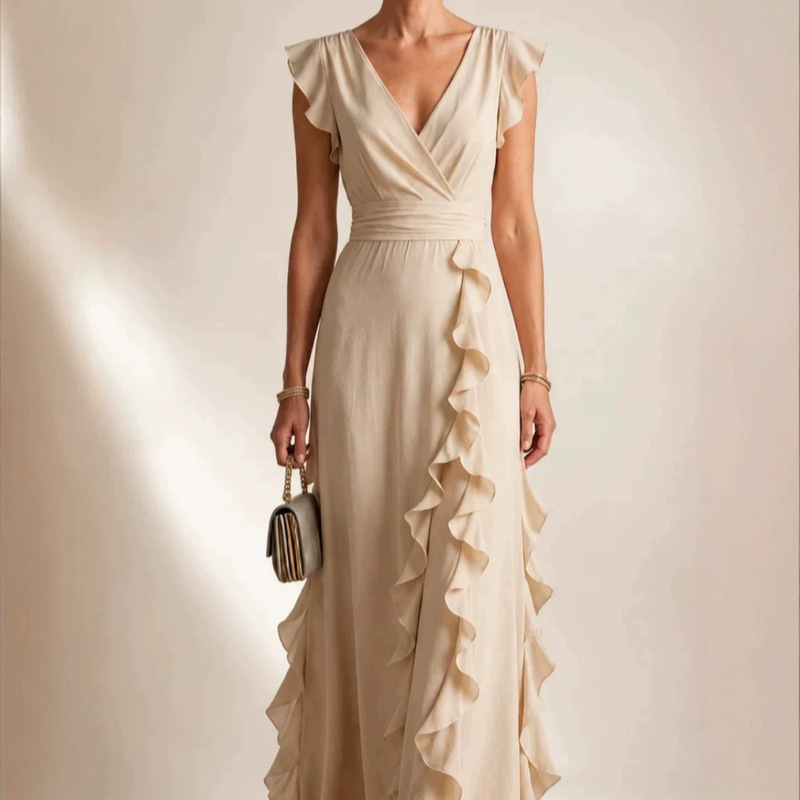 2026 new foreign trade European and American women's clothing, cross-border Amazon solid color pleated short-sleeve V-neck dress, chiffon gown 2026 new foreign trade European and American women's clothing, cross-border Amazon solid color pleated short-sleeve V-neck dress, chiffon gown