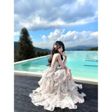 海边度假长裙子仙女气质挂脖领露背碎花荷叶边蛋糕大摆长裙雪纺