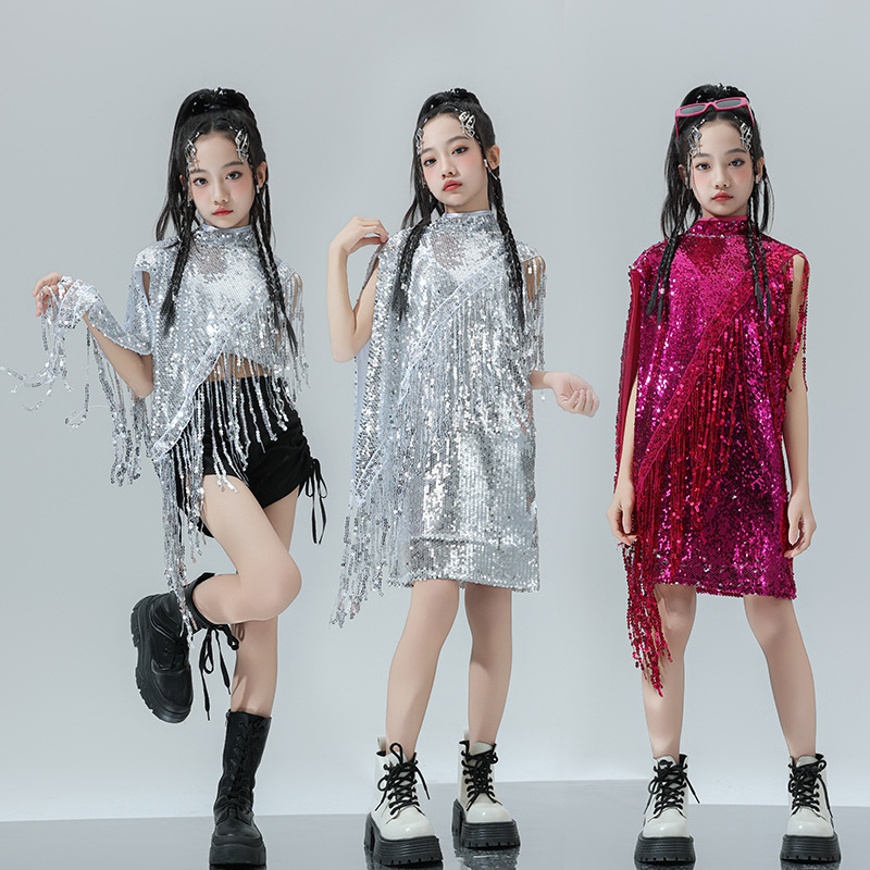 어린이 SEQUINS 재즈 댄스 공연 옷 개인화 된 술 라틴 댄스 옷 소녀 힙합 스트리트 댄스 모델 쇼 옷