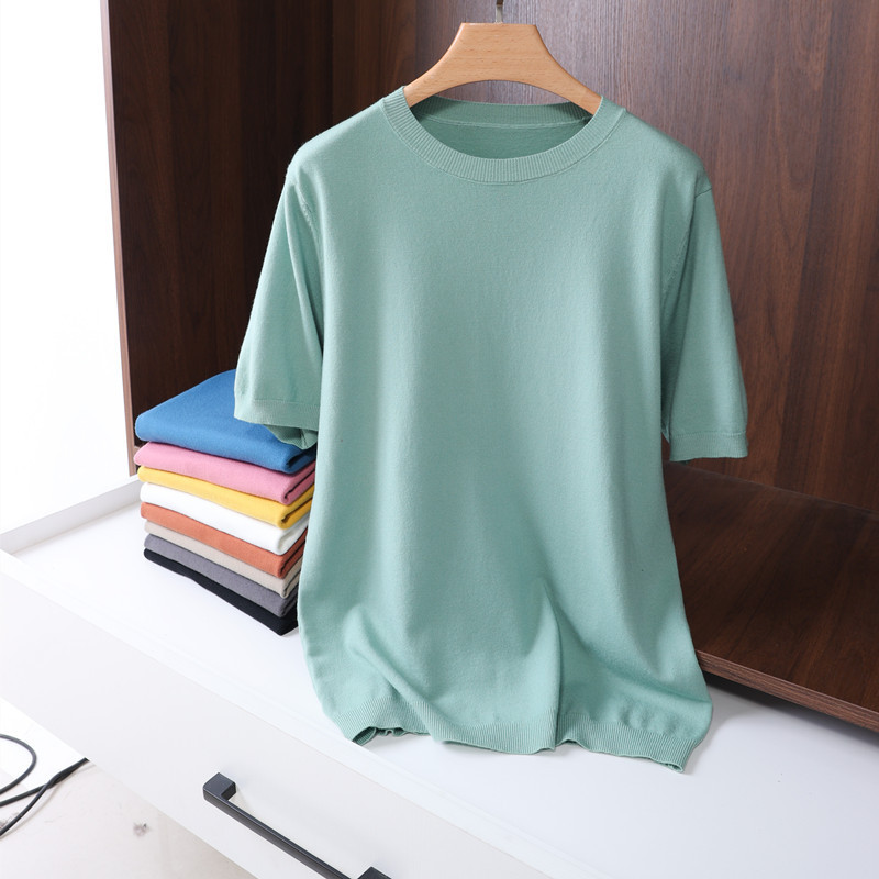Elsershi City Wool Sweater Men's Short Sleeve Spring/Summer Round Neck Solid Color Ice Silk T-Shirt Short Sleeve Knitted Base Shirt