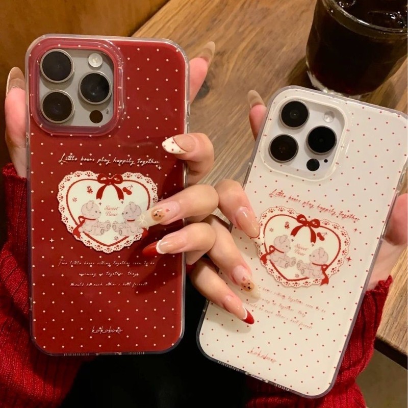 复古红色波点甜心小熊适用iphone16Promax苹果15手机壳14双层13女|undefined