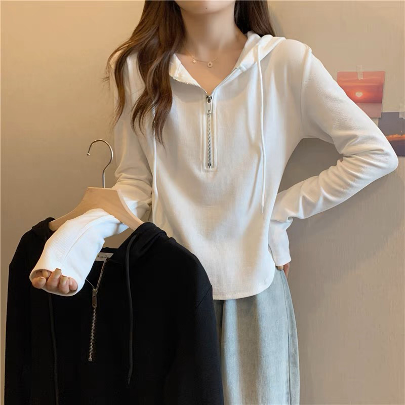 Hooded Sweatshirt Women's Long-Sleeved Autumn New Korean Style Large Size Slim Short Zipper Versatile Slimming Top for Women
