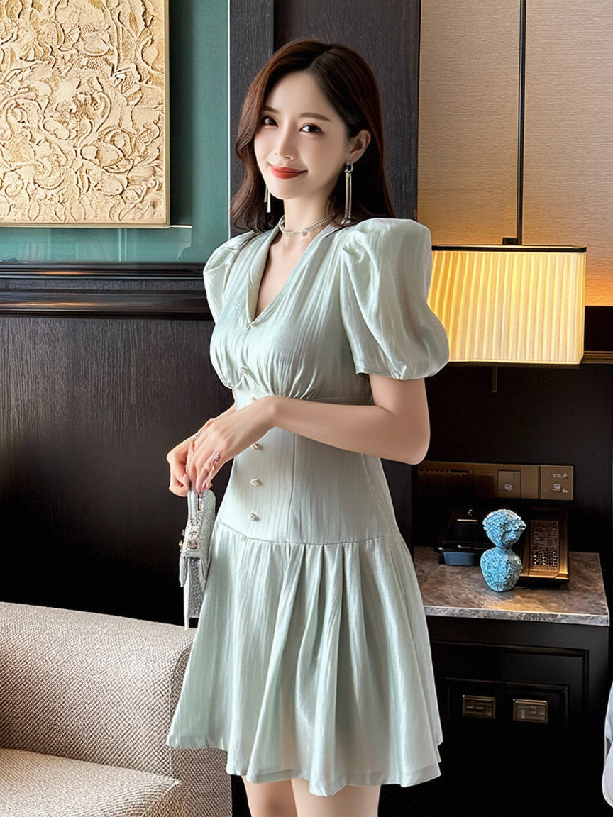 Váy bồng chữ A cổ V tay phồng eo cao — màu xanh lục lam