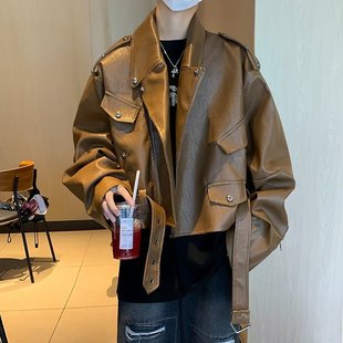Biker Clothing Leather 2025 Spring American Fashion Loose Puffy Handsome Leather Jacket High-end Short Men's Jacket