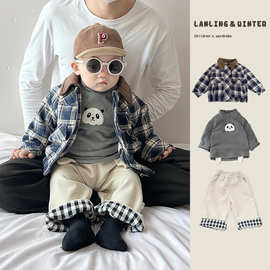 酷帅宝宝老钱风套装秋冬季男童复古格子加厚棉服外套婴儿加绒裤子