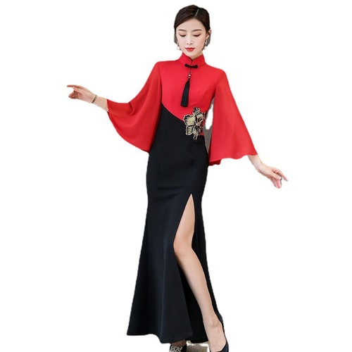 Chinese Dress black with red Oriental Qipao cheongsam Chinese Wedding party Dress women miss eiquette catwalk singers host performance costume 