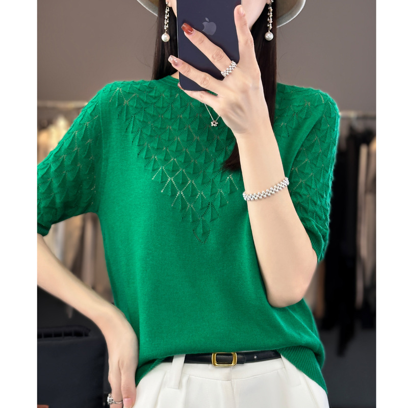 High-Quality Imitation Wool Casual Solid Color Top, Summer Hollow-Out Comfortable Base Shirt, Thin Short-Sleeve Knit Pullover