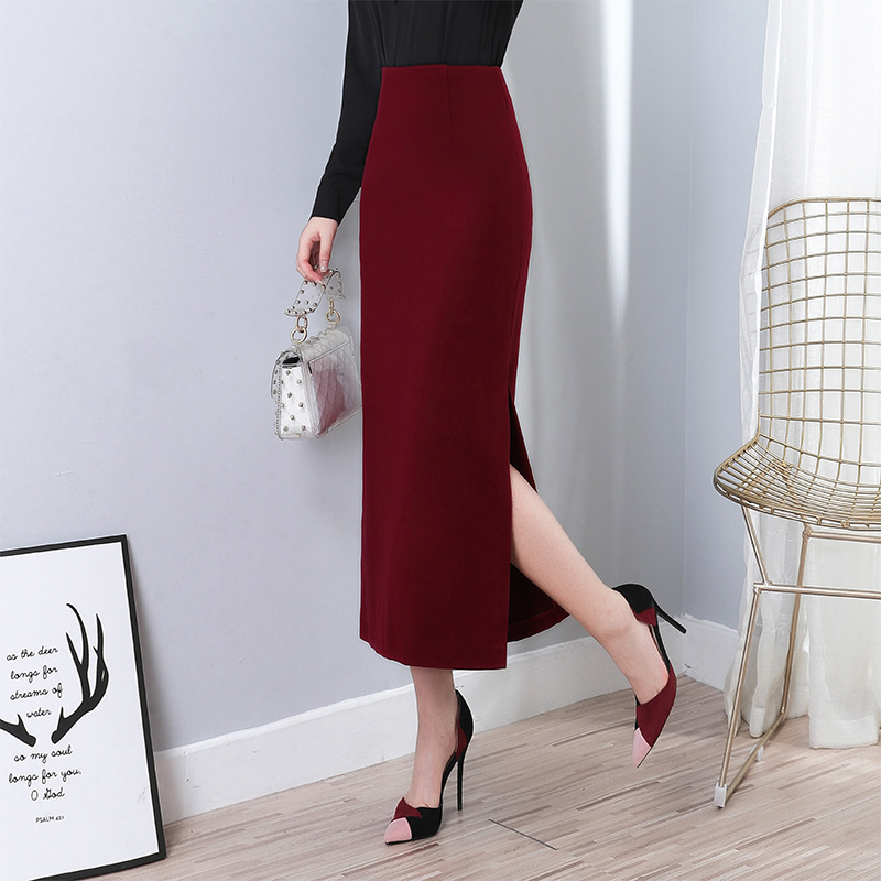 Woolen Hip-Hugging Skirt Autumn and Winter New High-Waisted Long Skirt with Slits on Both Sides Wholesale Hot Sale Dropshipping 966