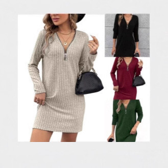 Cross-border European and American Fashion Elegant Spring and Autumn V-neck Zipper Pit Strip Women's dress