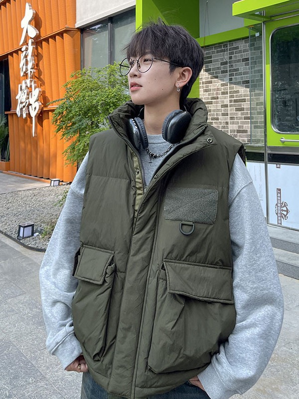 Workwear Vest Cotton Jacket for Men 2023 Winter Sleeveless Vest American Retro Loose Stand Collar Jacket National Trend