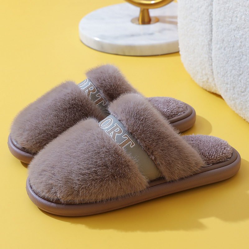 Nuevas zapatillas peludas de suela gruesa con zapatillas de algodón con lazo para parejas de mujeres invierno Otoño e Invierno hogar cálido y antideslizante