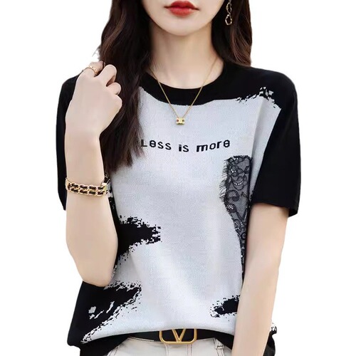 Silk-Spandex Selar Knit T-Shirt with Letter Art Embroidery Short-Sleeve Summer Chinese Loose-Fitting Slimming Top