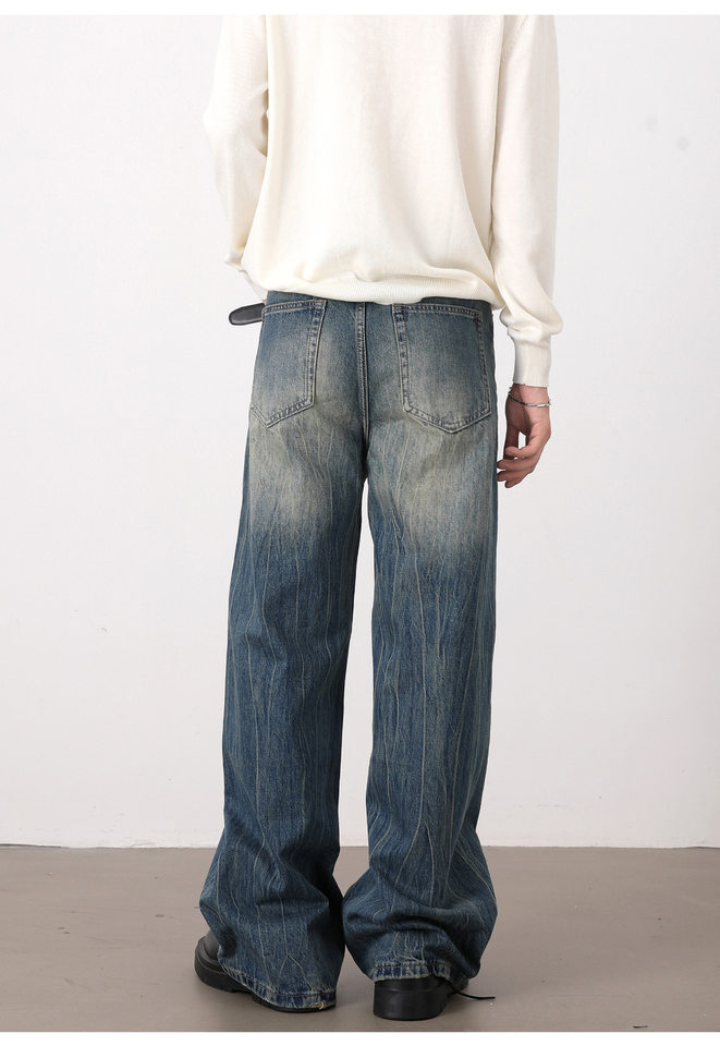Quần jean nam ống rộng dáng suông màu xanh wash, râu mèo, phong cách đơn giản dễ phối đồ — Màu xanh dương chi tiết 11