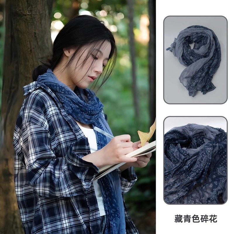 女性用レトロコットンとリネンスカーフ、春と夏、薄い、芸術的なブラウン、ヴィンテージ、プリーツ、日焼け止め、ストリップシルクスカーフ、ネック周りの雰囲気|undefined