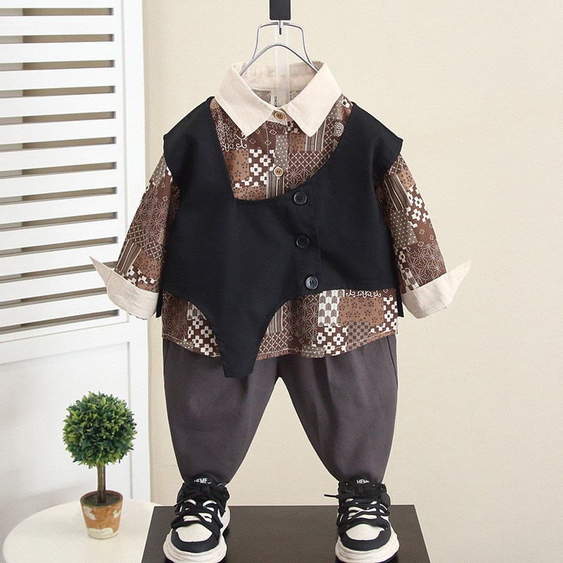 6076 niño primavera y otoño camisa de flores de moda traje de tres piezas traje de chaleco de otoño para niños guapo de moda 2024 nuevo niño