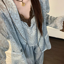 法式轻奢花卉冰丝睡衣女2026春季新款大码长袖长裤家居服三件套装