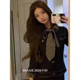千禧复古修身原牛软牛仔外套女秋季新款黑色短款夹克