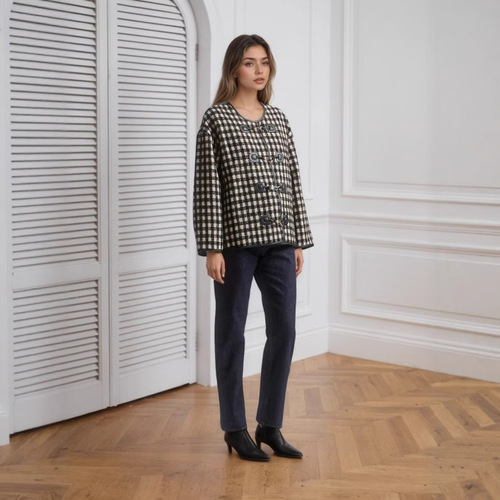 2025 New Autumn Winter European and American Amazon Metal Buckle Decorated Round Neck Collar Piping Peacock Pattern Fashion Short Pants Coat 