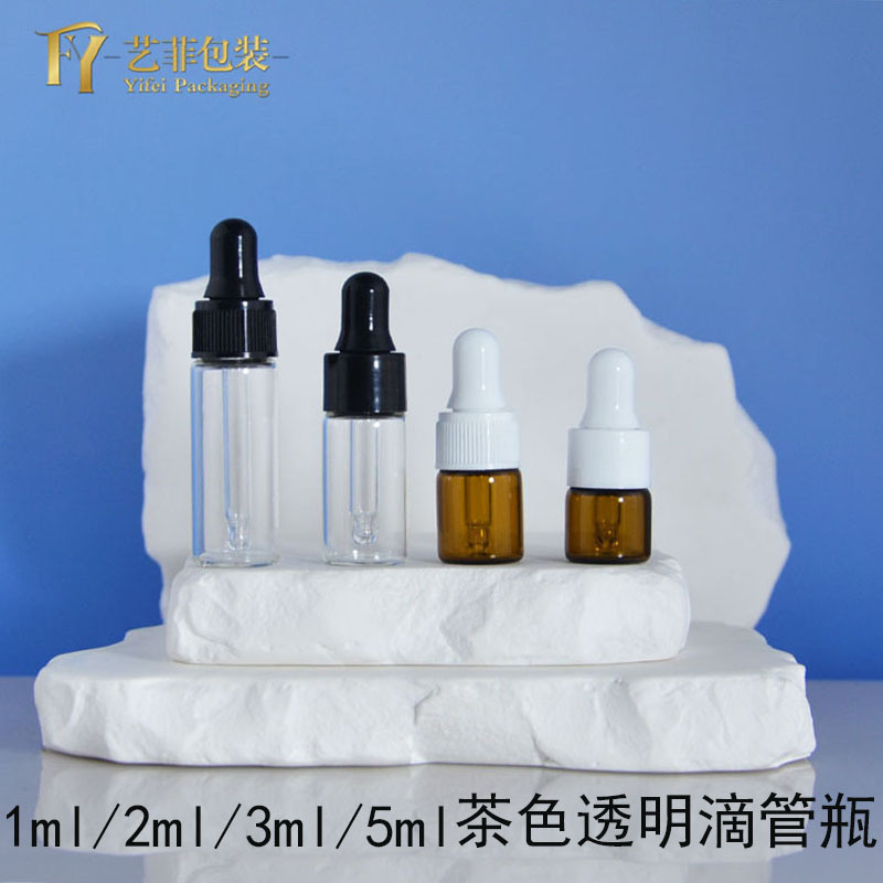 In Stock 1ml 2ml 3ml 5ml Transparent Brown Dropper Bottles Lotion Dispensing Essential Oil Bottles Cosmetic Sample Dispensing Bottles
