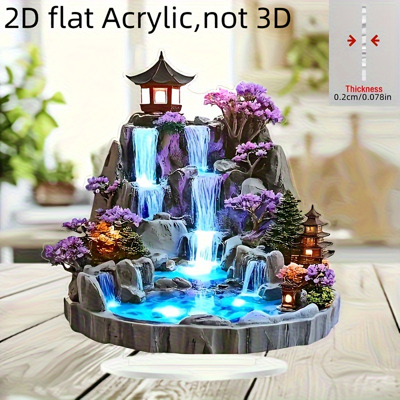 Decoración de mesa acrílica plana 2D montaña falsa decoración de agua corriente fuente sala de estar rueda de agua circular sala de estar pendulum de mesa