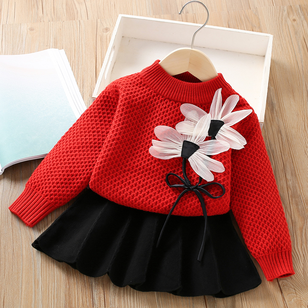 Maglione da ragazza 2023 Autunno/Inverno Nuova moda Ragazza Bambino Mezza gonna a maniche lunghe Principessa Set due pezzi per bambini_voghion.com