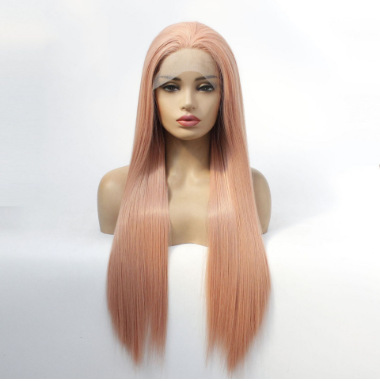 Peruca de fibra química de dama humo rosa parcial recto frente encaje de seda de alta temperatura cubierta de cabeza LW0185