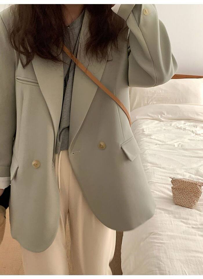 Áo vest nữ dáng suông rộng cổ vest tay dài phối túi, chất liệu polyester cao cấp — Màu xanh bạc hà chi tiết 9