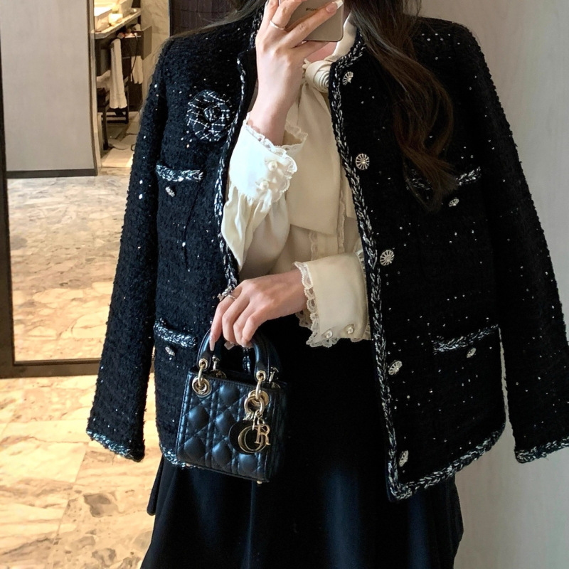 2025法式重工花朵粗花呢开衫小香风单排扣编织亮丝羊毛呢短外套女|undefined