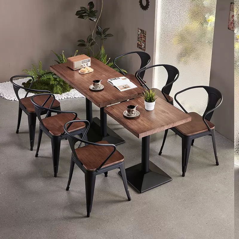 美式工业风实木餐桌椅组合音乐清吧餐厅奶茶桌咖啡厅烧烤小方桌子