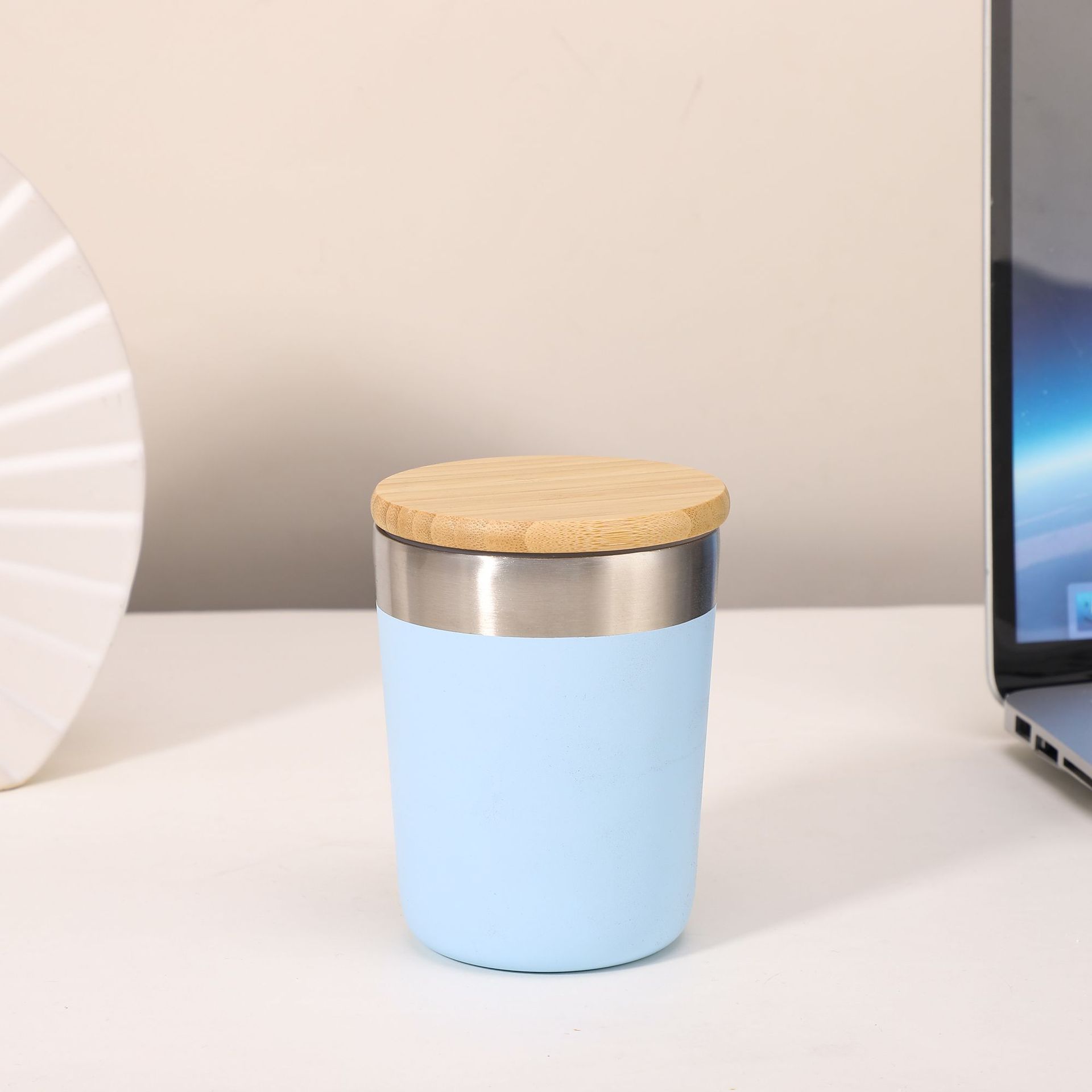 Cubierta de bambú transfronteriza de acero inoxidable 304 creativa taza de huevo portátil al aire libre taza de acompañamiento con cubierta de madera cubierta de bambú