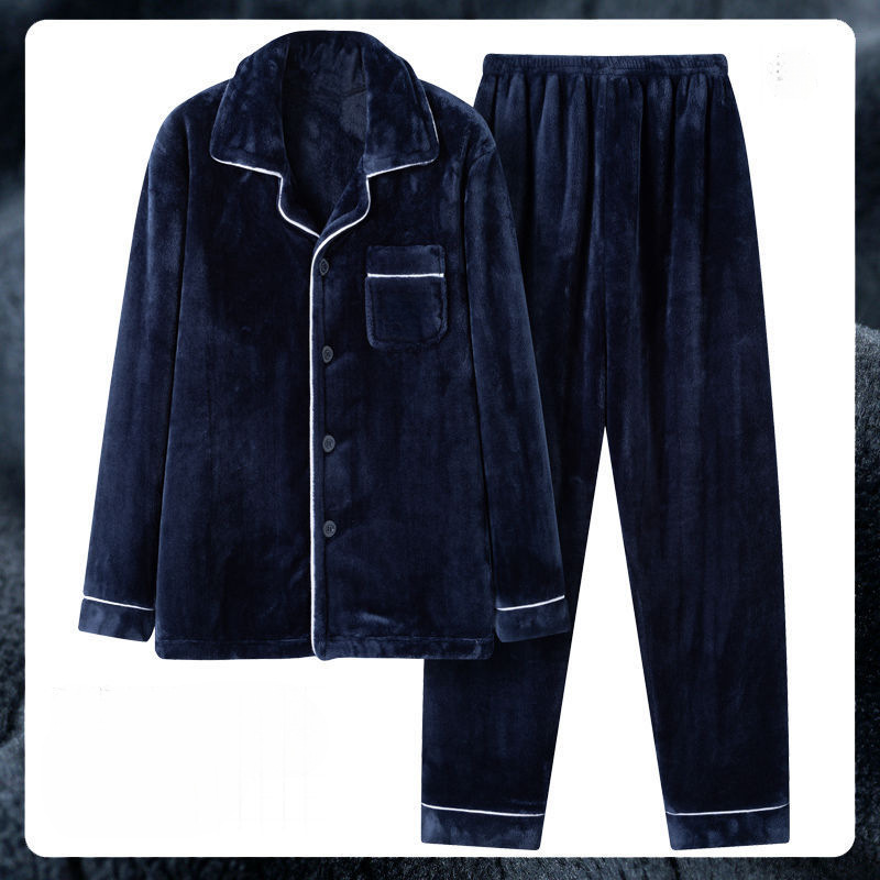 Transfronterizo hombre coral terciopelo pijama otoño y invierno grueso terciopelo cálido manga larga suelta franellas set de ropa para el hogar