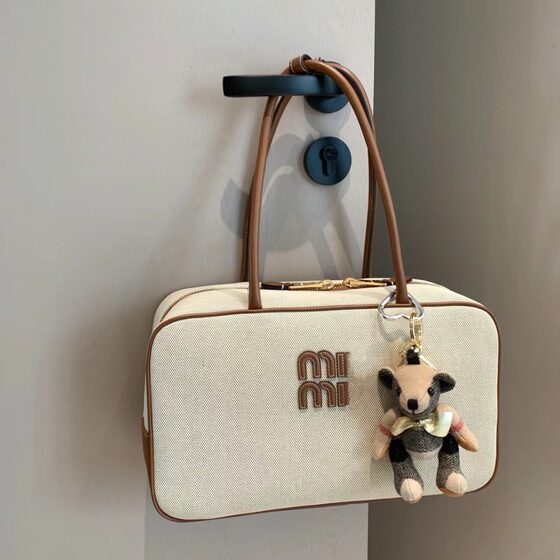 2024 New MIU Home Briefcase Bowling Women's Bag Boston Canvas Casual All-match Trendy Shoulder Handbag