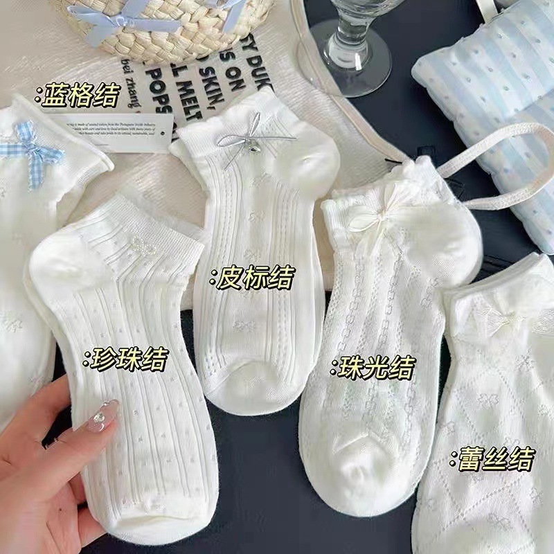 早春の新型蝶結びの白い靴下の女性の巻き取りjk靴下の夏の超薄通気綿の靴下の日本の船の靴下|undefined