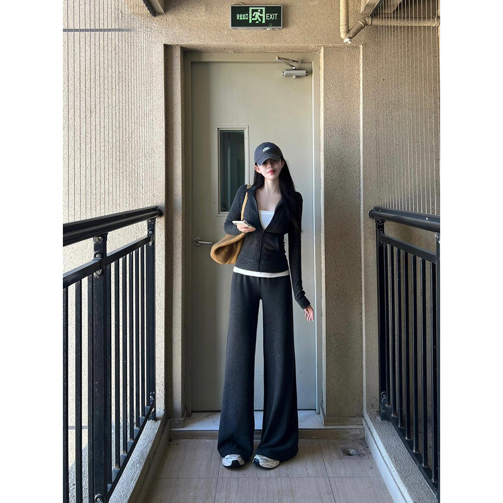 Korean Style Petite Striped Stand Collar Suit for Women, High-End Casual Sportswear Trousers Two-Piece Set for Spring and Autumn