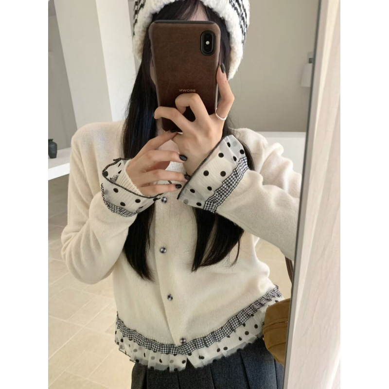 韩版甜美减龄气质波点蕾丝拼接针织开衫休闲百搭修身显瘦舒适毛衣|undefined