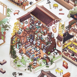 Fun Guofeng Panda Stereo House Landscape Sticker Academy Inn Snack Shop miniature scene stacking handmade diy