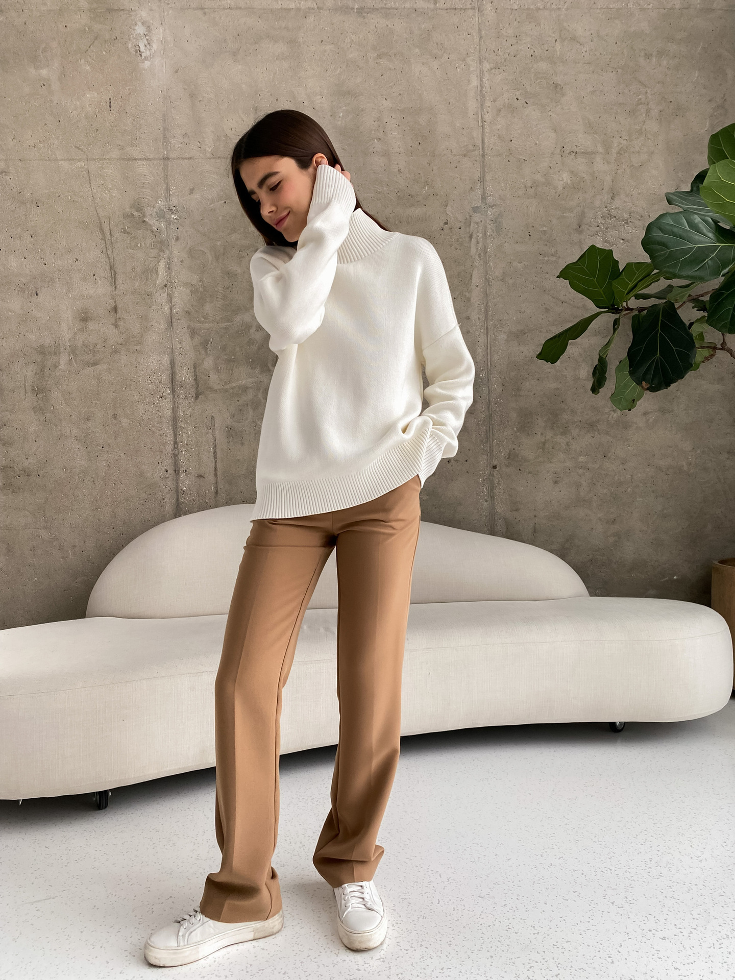 Pull tricoté à col semi-haut de couleur unie pour la mode automne-hiver, pull chaud simple et ample_voghion.com
