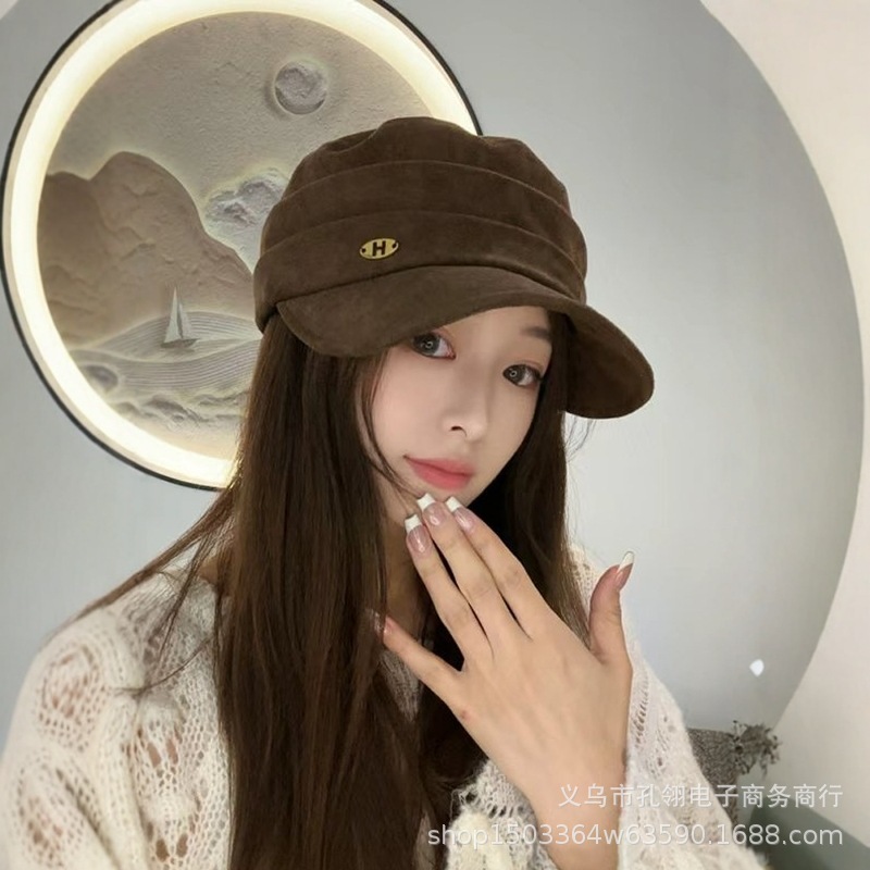 2025新款韩版时尚百搭麂皮绒平顶马术帽子女秋冬气质显脸小鸭舌帽|undefined