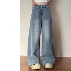 大きいサイズのレトロな広脚のジーパンの女性の夏の新型の高腰の太っているmmはやせているナシの形の体つきのゆったりしているストレートなズボンを現します。