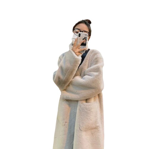 Women's winter faux fur leather coat, long length faux mink plush, over-the-knee turtleneck faux fur coat
